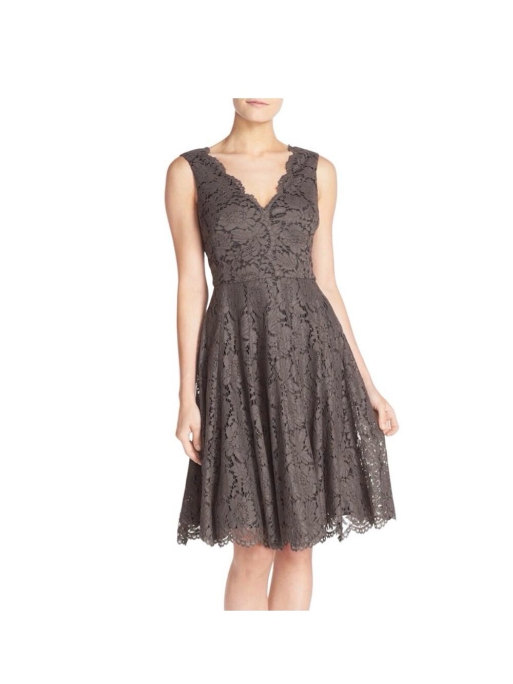 Vera Wang Gray Lace V-Neck Sleeveless Fit & Flare Dress